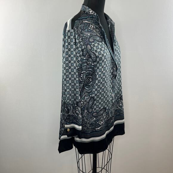 ZARA Black/Blue S Popover Blouse Paisley Print Hi Lo Hem V-Neck Long Sleeves - Picture 5 of 9